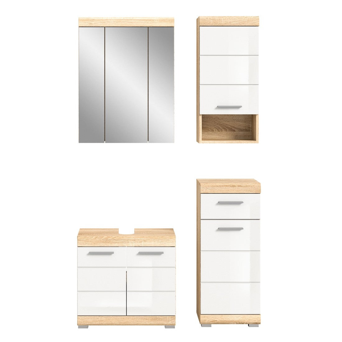 Set di mobili da bagno RIDLEY – Mobile sotto lavabo, armadietto con specchio, 2 mezze colonne – Bianco e rovere chiaro