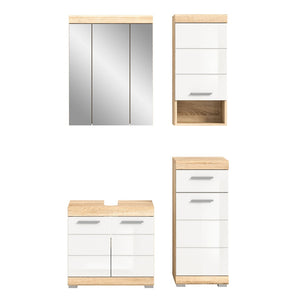 Set di mobili da bagno RIDLEY – Mobile sotto lavabo, armadietto con specchio, 2 mezze colonne – Bianco e rovere chiaro