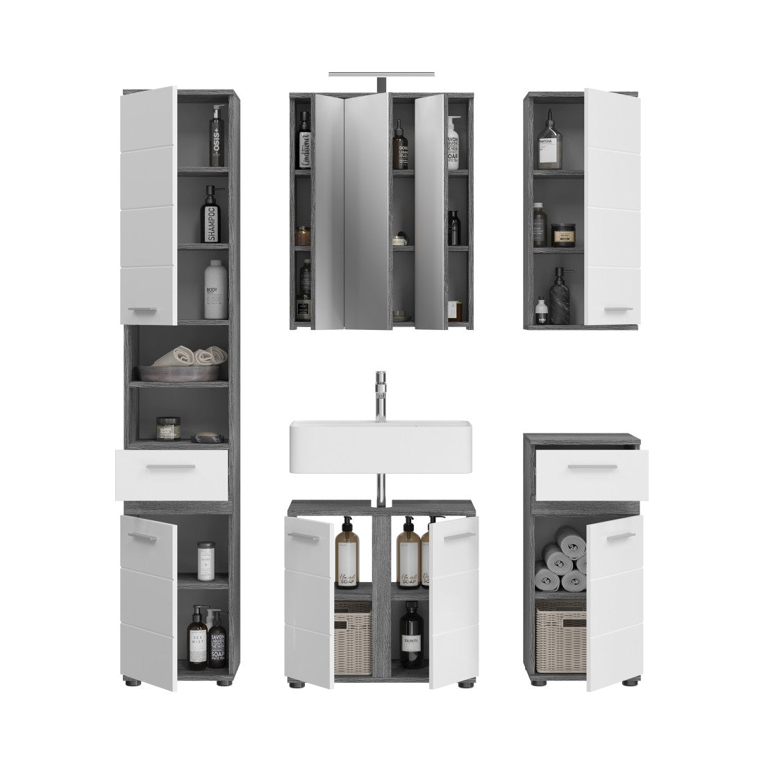 Set di mobili da bagno WILLIAM - Grigio scuro e bianco - 164x191x34 cm - Con LED