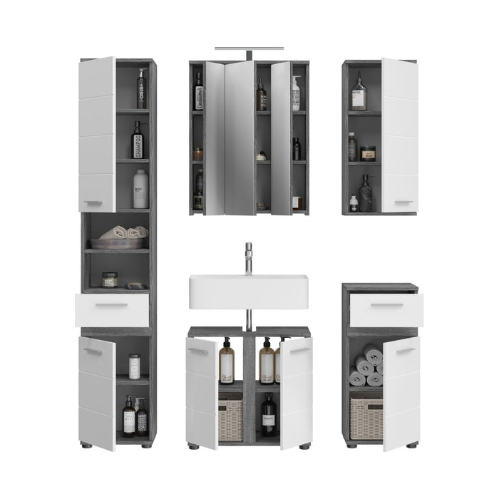 Set di mobili da bagno WILLIAM - Grigio scuro e bianco - 164x191x34 cm - Con LED