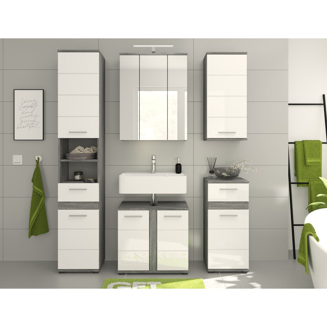 Set di mobili da bagno WILLIAM - Grigio scuro e bianco - 164x191x34 cm - Con LED