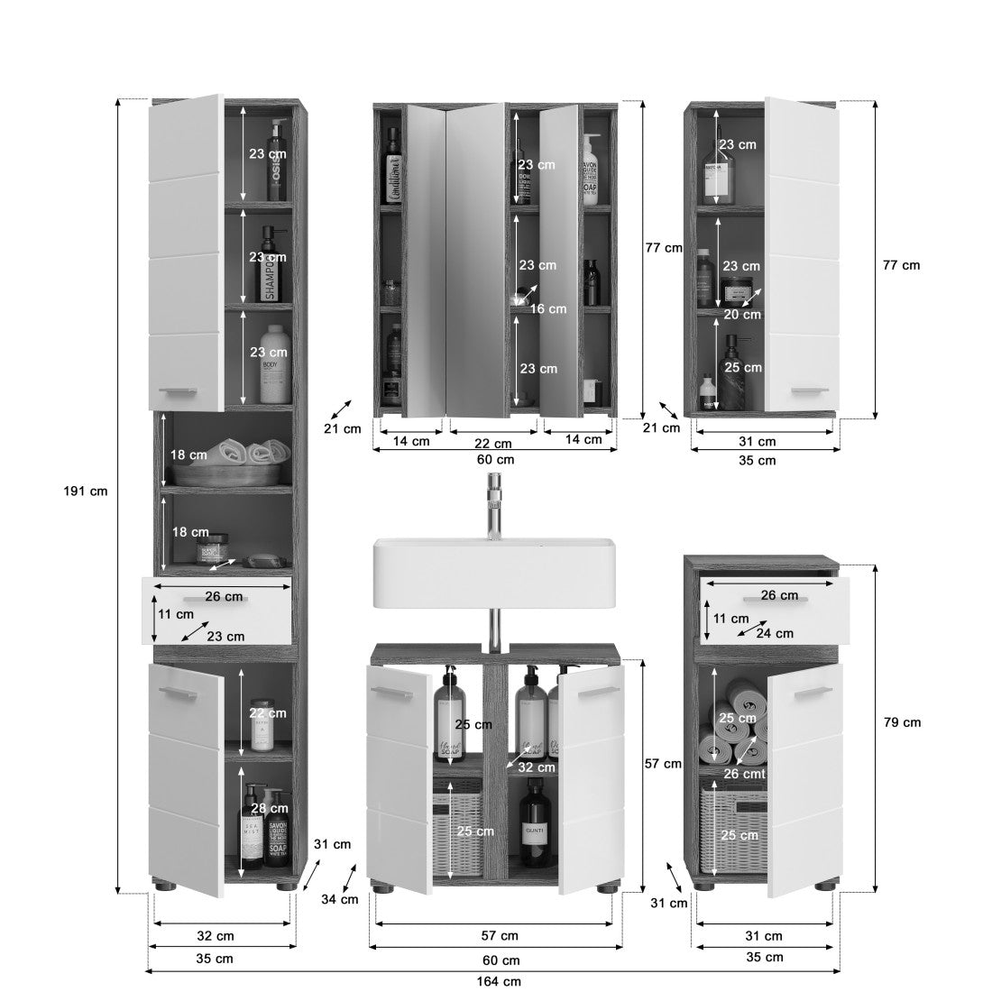 Set di mobili da bagno WILLIAM - Grigio scuro e bianco - 164x191x34 cm - Con LED