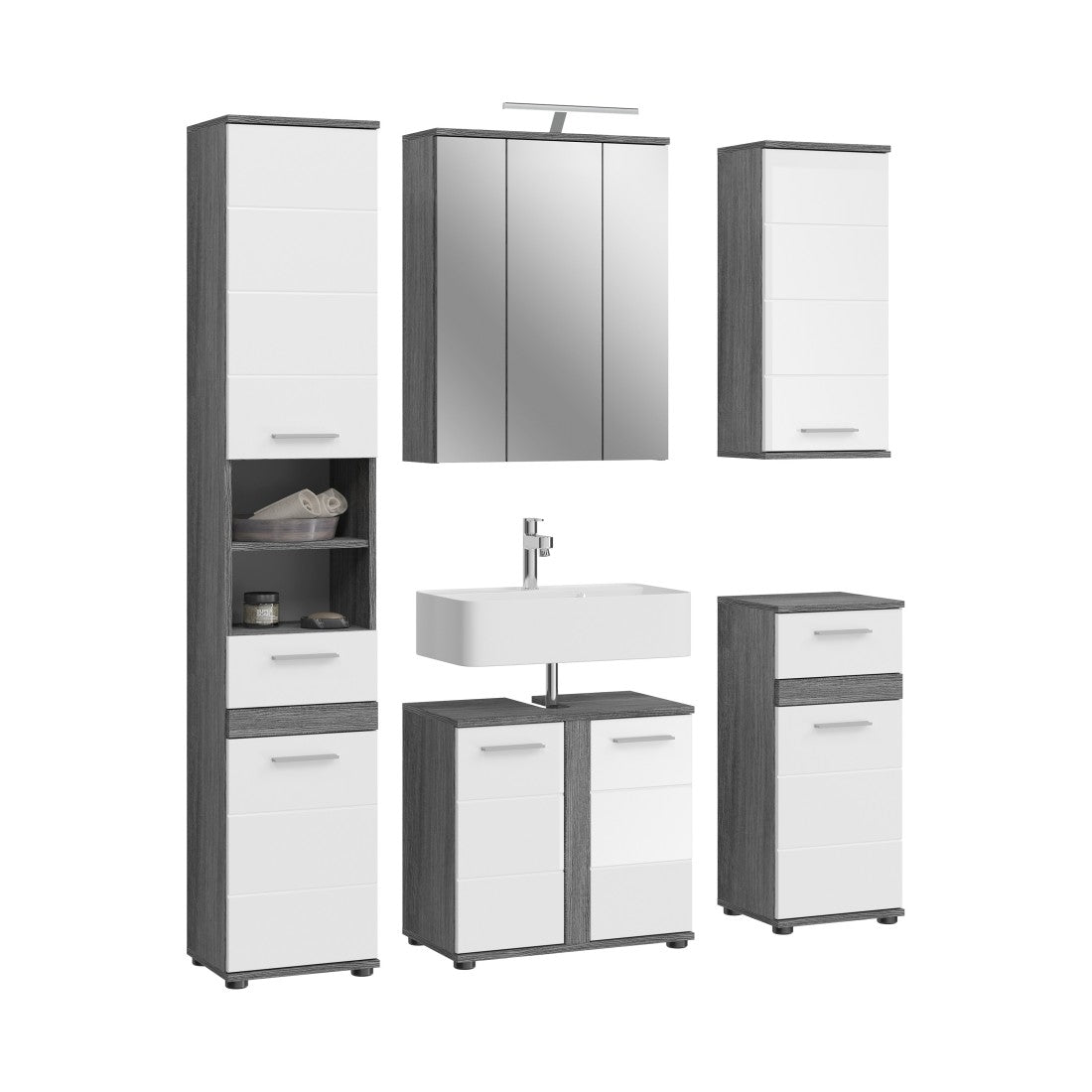 Set di mobili da bagno WILLIAM - Grigio scuro e bianco - 164x191x34 cm - Con LED
