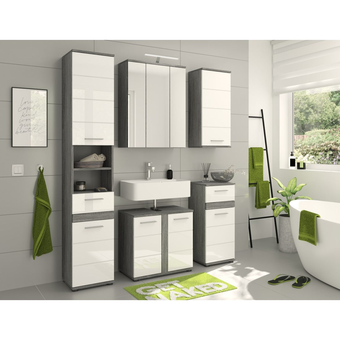 Set di mobili da bagno WILLIAM - Grigio scuro e bianco - 164x191x34 cm - Con LED