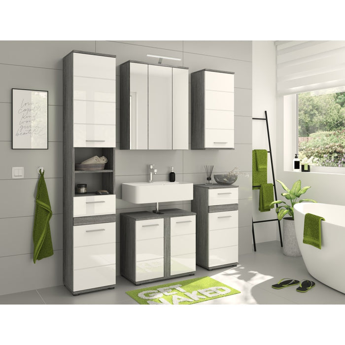 Set di mobili da bagno WILLIAM - Grigio scuro e bianco - 164x191x34 cm - Con LED