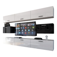 Set di mobili da soggiorno bianchi e neri sospesi collezione CEPTO VII 249cm, 8 porte, modulari.