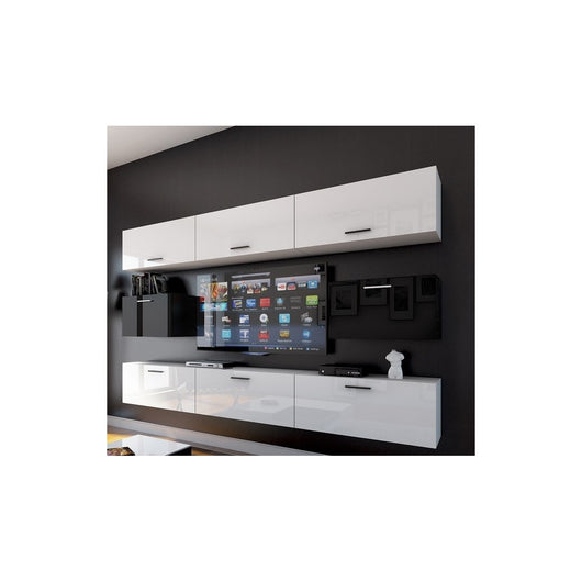 Set di mobili da soggiorno bianchi e neri sospesi collezione CEPTO VII 249cm, 8 porte, modulari.