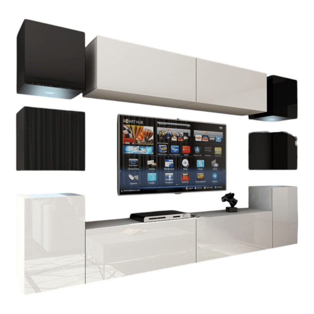 Set mobili da soggiorno bianchi e neri sospesi collezione CEPTO XIV 256 cm, 10 pezzi, LED, cubo nero