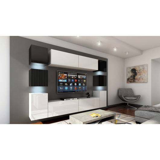 Set mobili da soggiorno bianchi e neri sospesi collezione CEPTO XIV 256 cm, 10 pezzi, LED, cubo nero