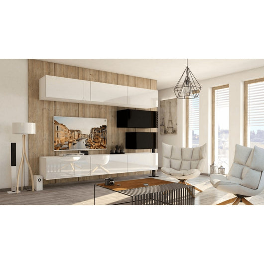 Set di mobili da soggiorno bianchi e neri sospesi collezione CEPTO XVI 249cm, 8 pezzi, modulari.