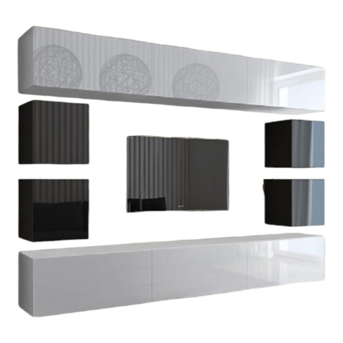 Set di mobili da soggiorno bianco e nero sospesi collezione CEPTO XVII 249 cm, 10 mobili, LED, modulari