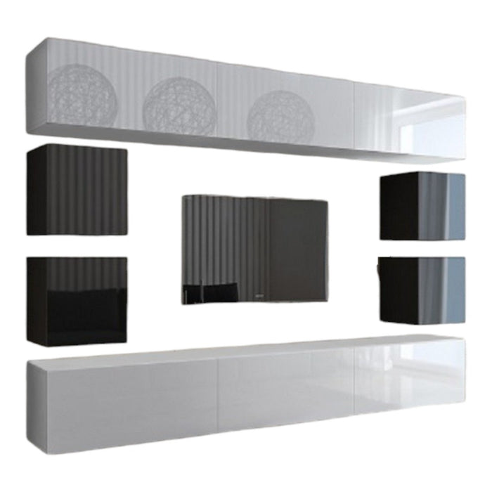 Set di mobili da soggiorno bianco e nero sospesi collezione CEPTO XVII 249 cm, 10 mobili, LED, modulari