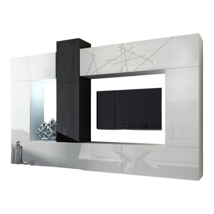 Set di mobili da soggiorno bianchi e neri sospesi collezione CEPTO XXII. 273cm, 10 pezzi, led, modulari.