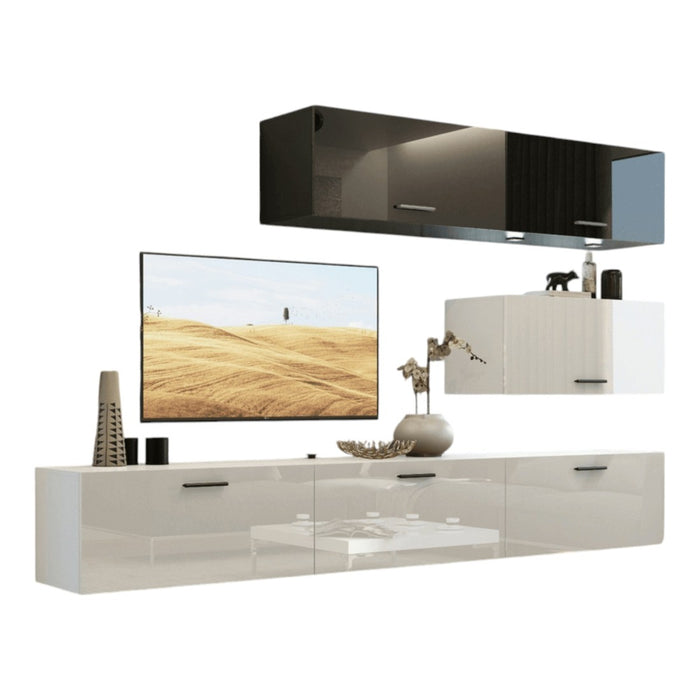 Set di mobili da soggiorno bianchi e neri, sospesi, collezione CEPTO XXV. 249cm, 6 pezzi, con LED, modulari.