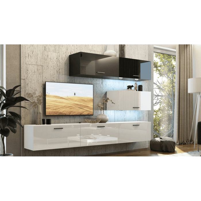 Set di mobili da soggiorno bianchi e neri, sospesi, collezione CEPTO XXV. 249cm, 6 pezzi, con LED, modulari.