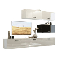 Set di mobili da soggiorno bianco e nero, sospesi collezione CEPTO XXV. 249cm, 6 pezzi, con LED, modulari.