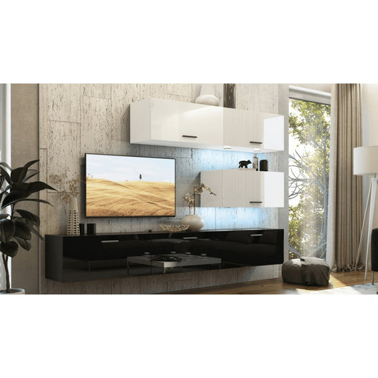 Set di mobili da soggiorno bianco e nero, sospesi collezione CEPTO XXV. 249cm, 6 pezzi, con LED, modulari.