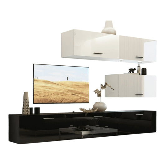 Set di mobili da soggiorno bianco e nero, sospesi collezione CEPTO XXV. 249cm, 6 pezzi, con LED, modulari.