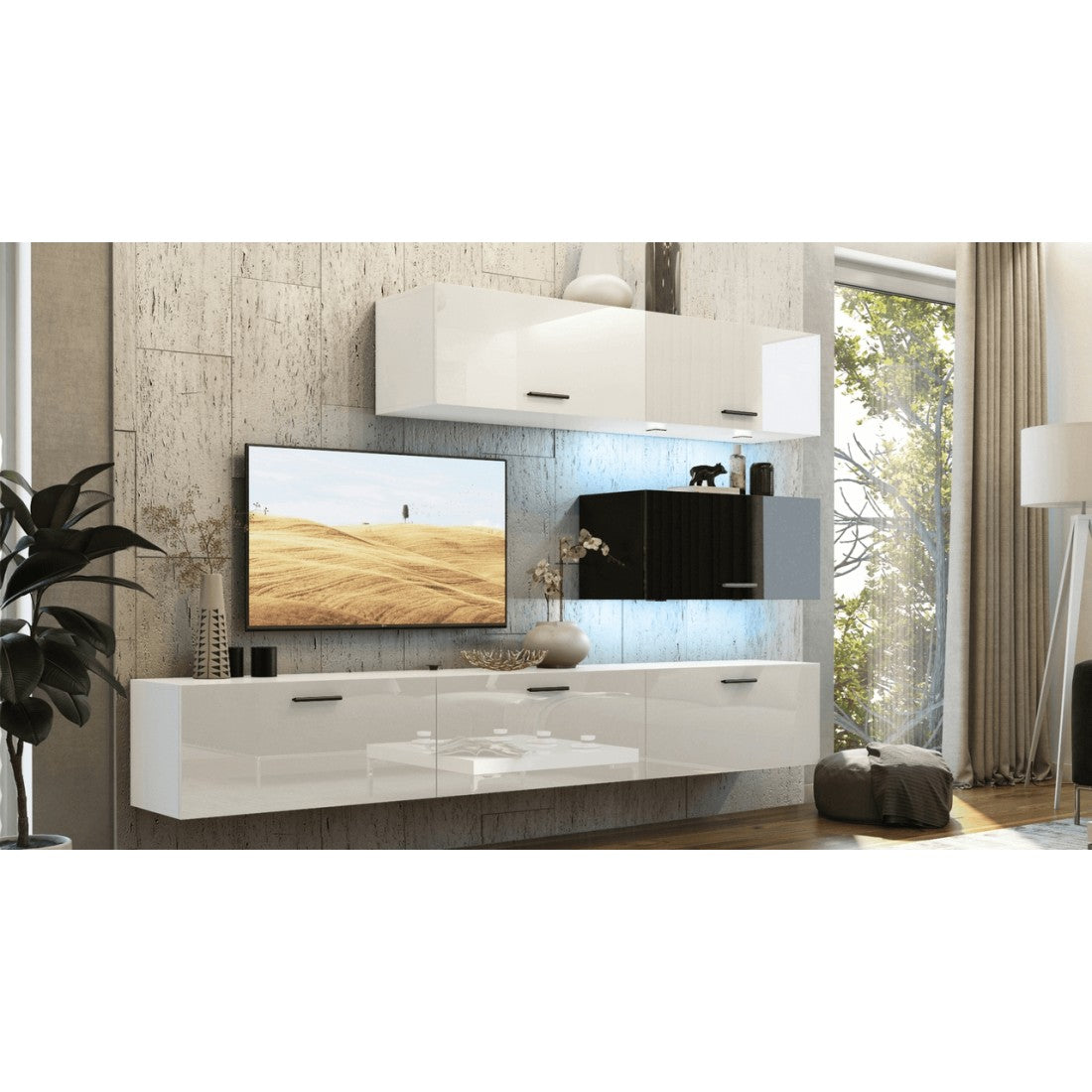Set di mobili da soggiorno bianco e nero, sospesi collezione CEPTO XXV. 249cm, 6 pezzi, con LED, modulari.