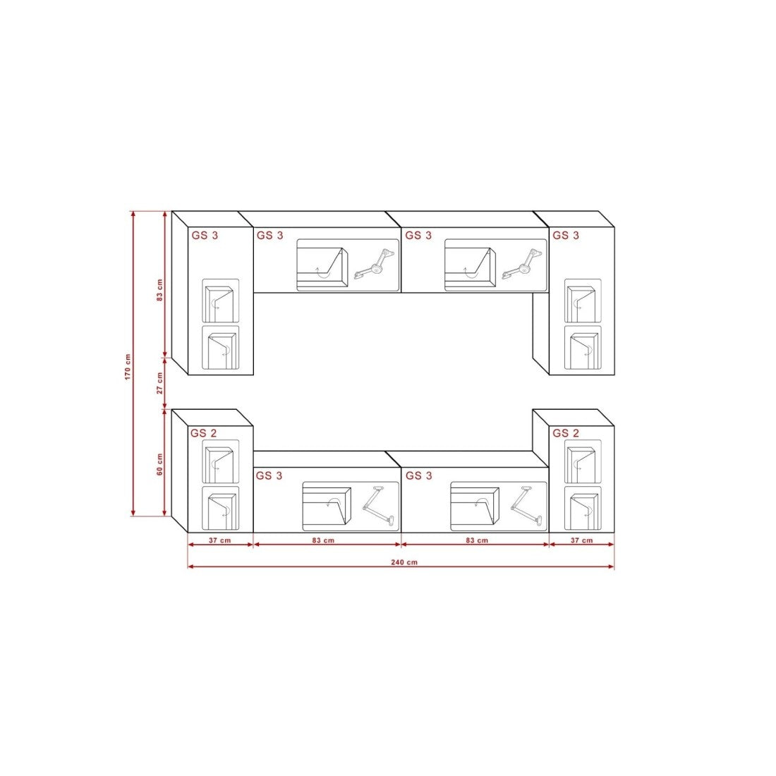 Set di mobili da soggiorno bianchi sospesi collezione CEPTO I 240cm, 8 porte, 6 scaffali, led.