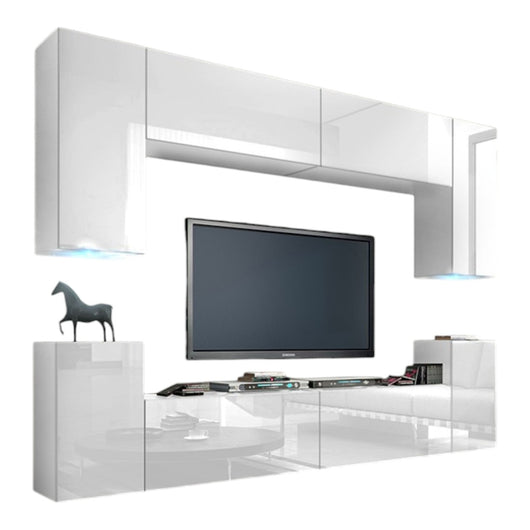 Set di mobili da soggiorno bianchi sospesi collezione CEPTO I 240cm, 8 porte, 6 scaffali, led.