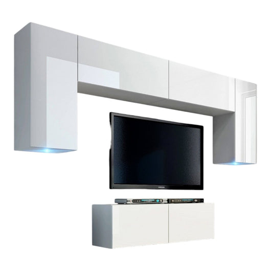 Set di mobili da soggiorno bianchi sospesi collezione CEPTO II 256cm, 6 porte, 4 ripiani, led, modulari.