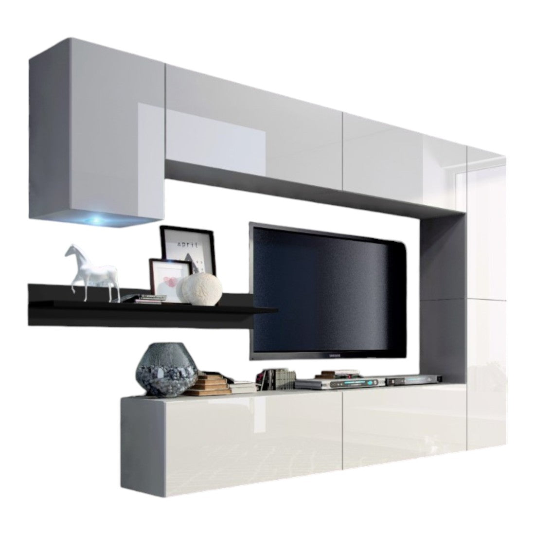 Set di mobili da salotto bianchi sospesi collezione CEPTO VI 256 cm, 7 porte, mensola nera, LED, modulari