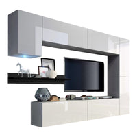 Set di mobili da salotto bianchi sospesi collezione CEPTO VI 256 cm, 7 porte, mensola nera, LED, modulari