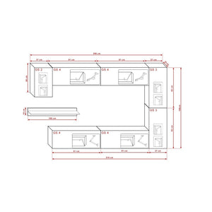 Set di mobili da salotto bianchi sospesi collezione CEPTO VI 256 cm, 7 porte, mensola nera, LED, modulari