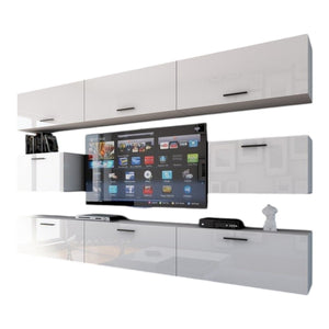 Set di mobili da soggiorno bianchi sospesi collezione CEPTO VII 249cm, 8 porte, modulari.