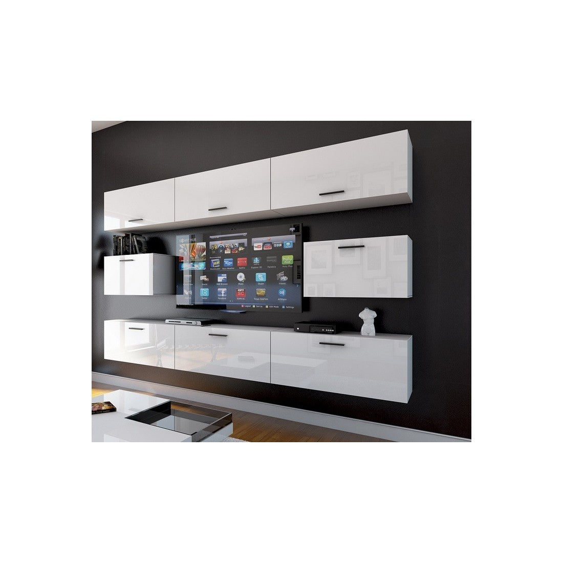 Set di mobili da soggiorno bianchi sospesi collezione CEPTO VII 249cm, 8 porte, modulari.