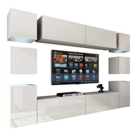 Set di mobili da soggiorno bianchi sospesi collezione CEPTO XIV. 256cm, 10 mobili, 10 porte, led.