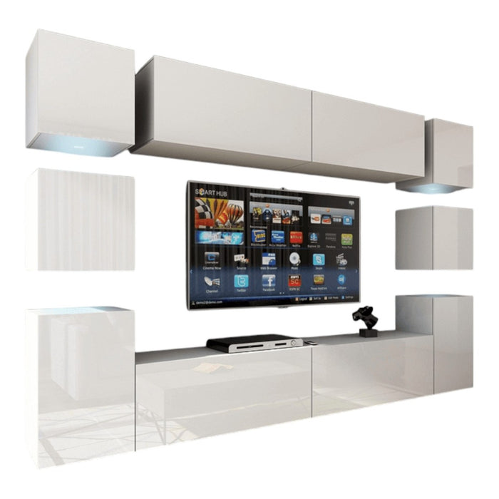Set di mobili da soggiorno bianchi sospesi collezione CEPTO XIV. 256cm, 10 mobili, 10 porte, led.