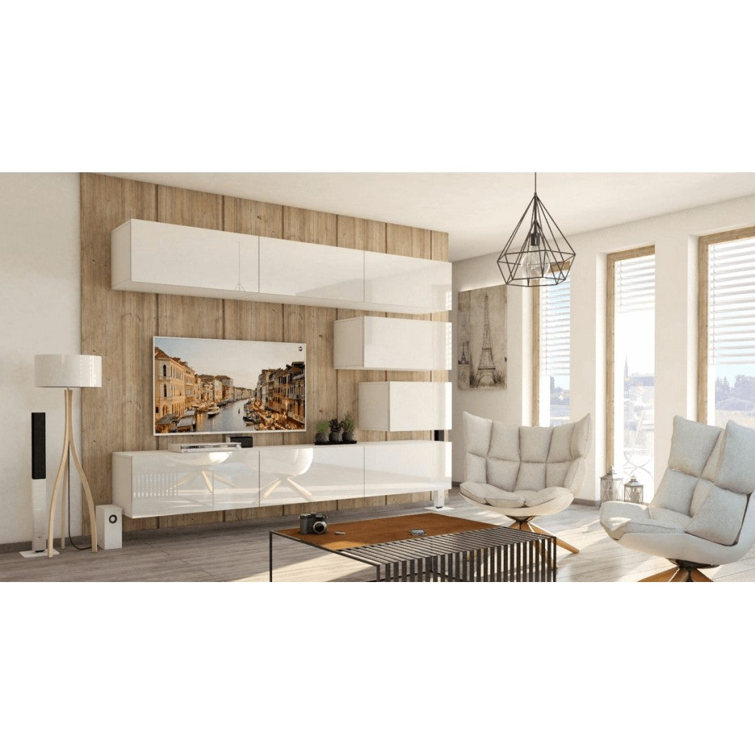 Set di mobili da soggiorno bianchi sospesi collezione CEPTO XVI 249cm, 8 pezzi, modulari.
