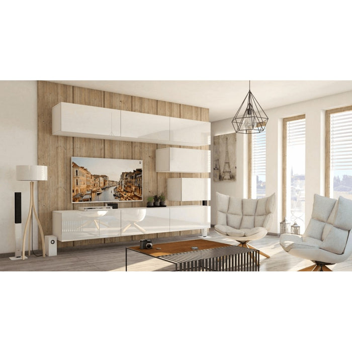 Set di mobili da soggiorno bianchi sospesi collezione CEPTO XVI 249cm, 8 pezzi, modulari.