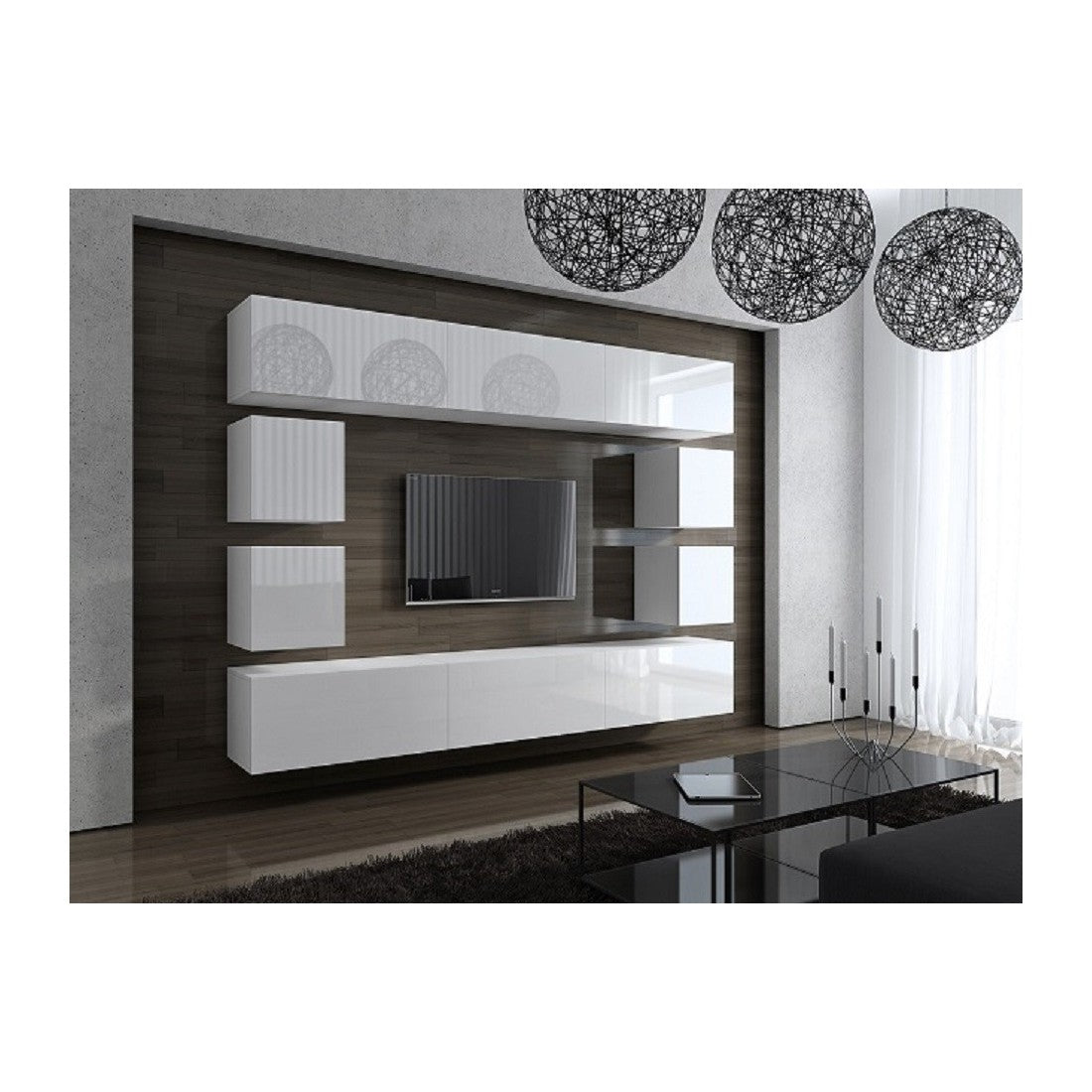 Set di mobili da soggiorno bianchi sospesi collezione CEPTO XVII 249cm, 10 pezzi, con LED, modulari.