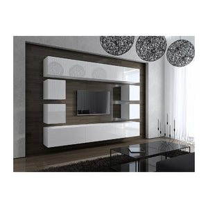 Set di mobili da soggiorno bianchi sospesi collezione CEPTO XVII 249cm, 10 pezzi, con LED, modulari.