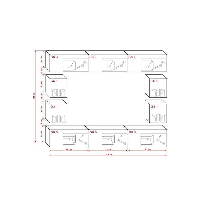 Set di mobili da soggiorno bianchi sospesi collezione CEPTO XVII 249cm, 10 pezzi, con LED, modulari.