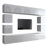 Set di mobili da soggiorno bianchi sospesi collezione CEPTO XVII 249cm, 10 pezzi, con LED, modulari.