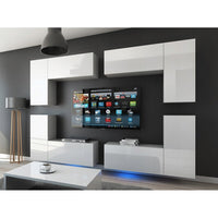 Set di mobili da soggiorno bianchi sospesi collezione CEPTO XX 276cm, 8 pezzi, con LED, modulari.