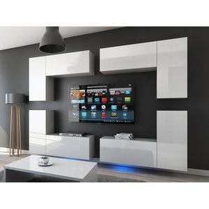 Set di mobili da soggiorno bianchi sospesi collezione CEPTO XX 276cm, 8 pezzi, con LED, modulari.