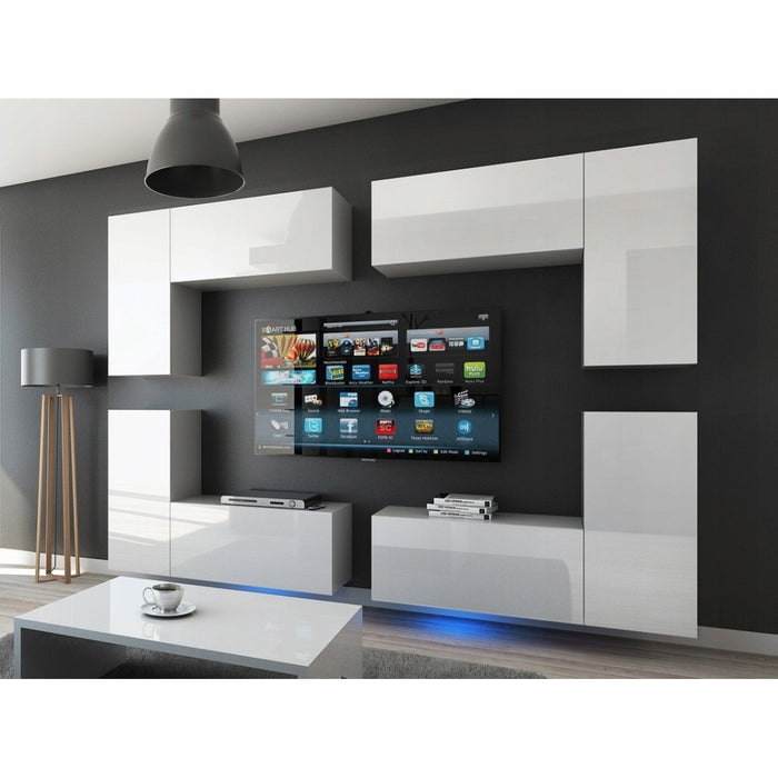Set di mobili da soggiorno bianchi sospesi collezione CEPTO XX 276cm, 8 pezzi, con LED, modulari.