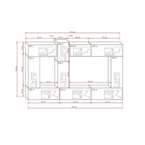 Set di mobili da soggiorno bianchi sospesi collezione CEPTO XXII. 273cm, 10 pezzi, LED, modulari.