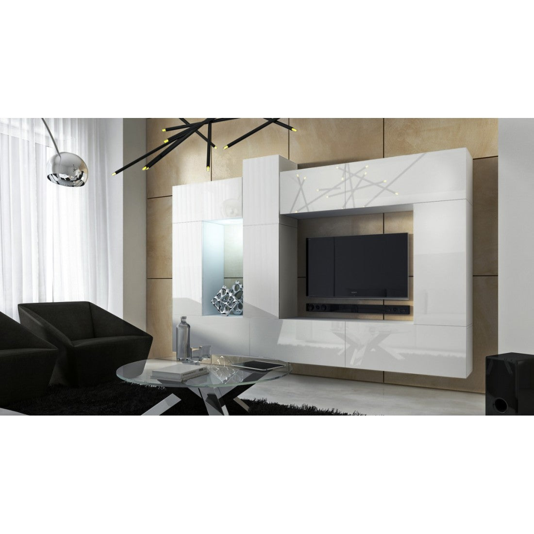 Set di mobili da soggiorno bianchi sospesi collezione CEPTO XXII. 273cm, 10 pezzi, LED, modulari.