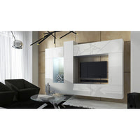 Set di mobili da soggiorno bianchi sospesi collezione CEPTO XXII. 273cm, 10 pezzi, LED, modulari.