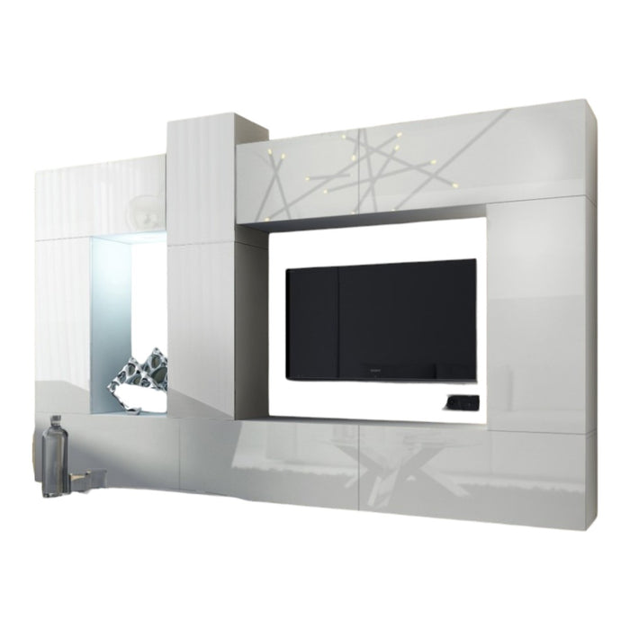Set di mobili da soggiorno bianchi sospesi collezione CEPTO XXII. 273cm, 10 pezzi, LED, modulari.