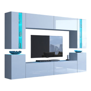 Set di mobili da soggiorno bianchi sospesi collezione CEPTO XXIV. 256cm, 8 pezzi, con LED, modulari.