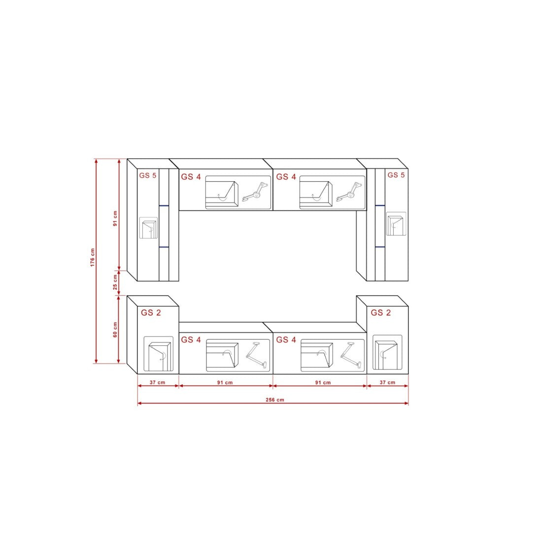 Set di mobili da soggiorno bianchi sospesi collezione CEPTO XXIV. 256cm, 8 pezzi, con LED, modulari.