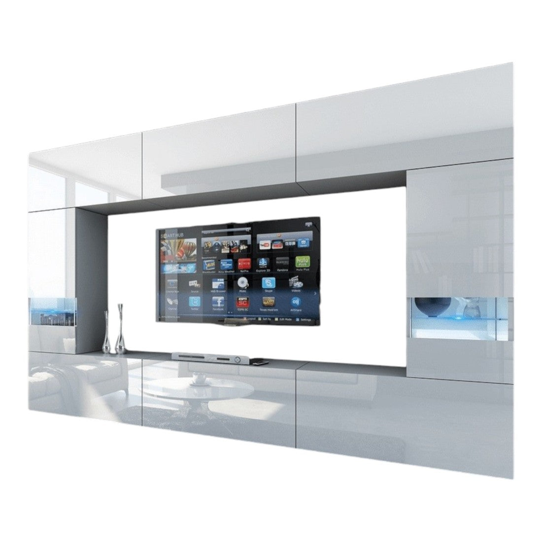 Set di mobili da salotto bianchi, sospesi, collezione CEPTO XXIX. 249cm, 8 pezzi, led, modulabili.