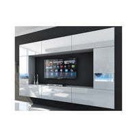 Set di mobili da salotto bianchi, sospesi, collezione CEPTO XXIX. 249cm, 8 pezzi, led, modulabili.